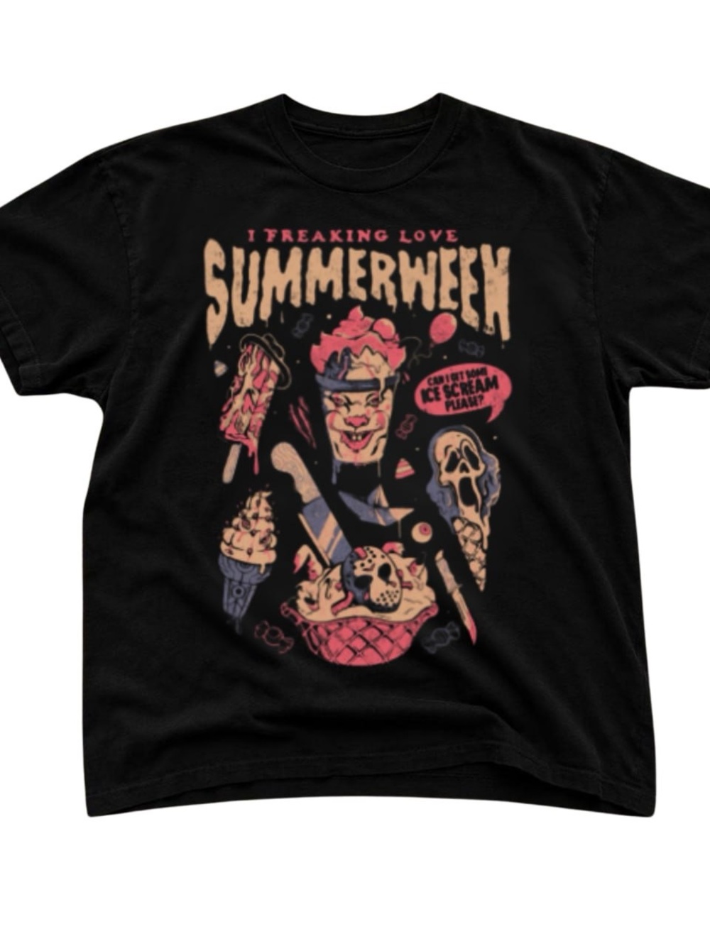 Black Summerween Graphic Tee with Pink and Cream Artwork